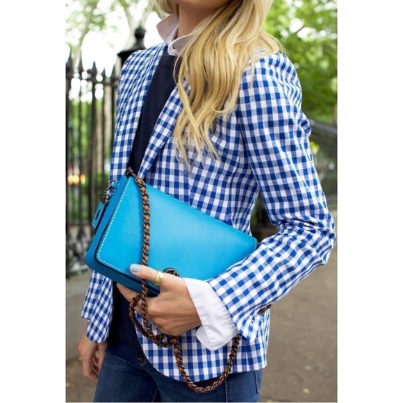J Crew Linen Gingham Campbell Blue Button Spring Blazer - Picture 1 of 8